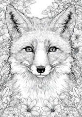 Fototapeta premium Detailed fox portrait coloring page for adults and kids, intricate forest animal head surrounded by blooming garden flowers, hand drawn ink line art illustration, zen stress relief botanical design.