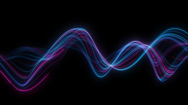 Blue pink sound waves frequency black background. Futuristic audio waveform graph in seamless loop, audio visualizer, sound analyzer screen, music wave equalizer HUD, glowing neon data flow, 4K 60fps