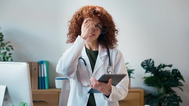 Video of nutritionist woman working with digital tablet in the consultation