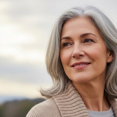 Fototapeta premium Confident Middle-Aged Woman with Gray Hair, Outdoor Portrait