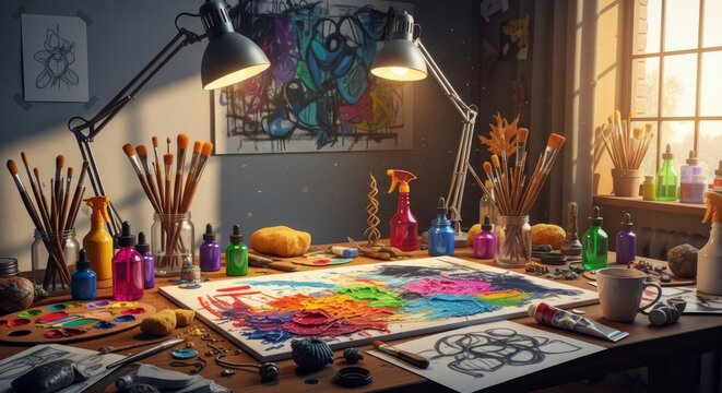 Artist's Desk with Vibrant Paint and Tools, Warm Light