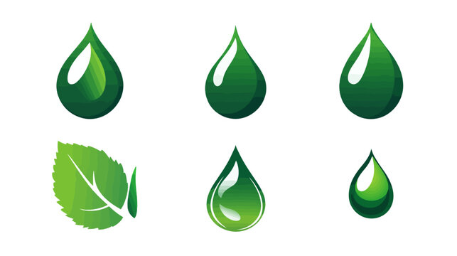 A collection of various green water drop illustrations and a green leaf on white background