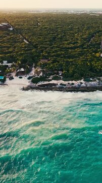 Aerial Drone View of Tulum Coastline at Sunset Caribbean Beach Riviera Maya Mexico