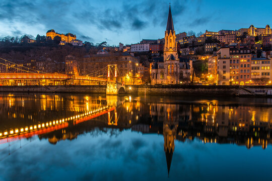 Eglise Saint Georges and Saone River at blue hour in Vieux Lyon
