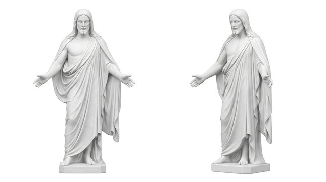 White marble Jesus Christ Christus statue with open arms on white background, two views of religious sculpture for Christian church design, faith, and spiritual graphics.