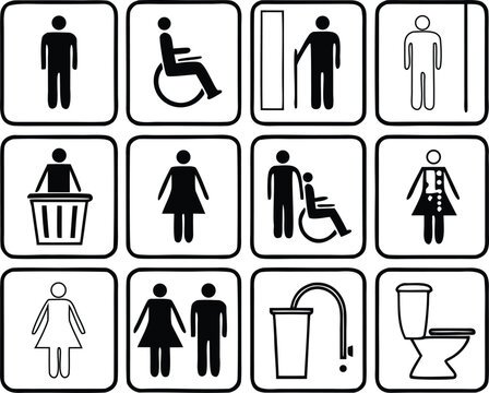 Public Restroom Icons Set, Toilet, Shower, Wheelchair, Baby, Trash Symbols Vector