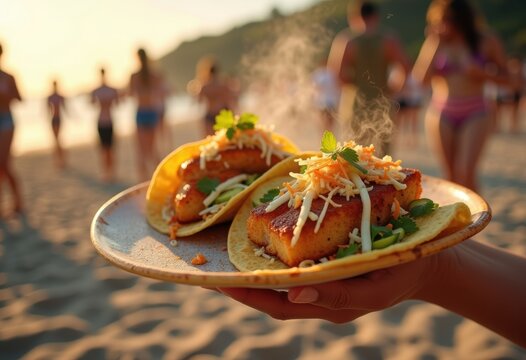 Beachside Food Truck Serving Tasty Fish Tacos with Cabbage Slaw Delight