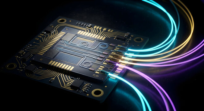 Macro 3D Render of a Silicon Photonics Microchip Emitting Glowing Neon Fiber Optics