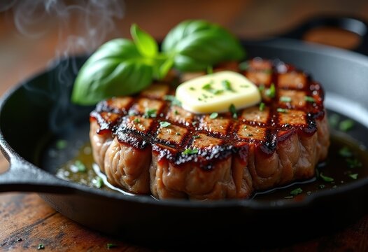 Charred Grill Marks on Savory Steak Glazed with Rich Herb Butter on Cast Iron Surface