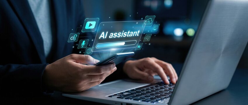 Exploring ai assistant technology enhancing business efficiency in modern workspaces digital interaction futuristic environment close-up view