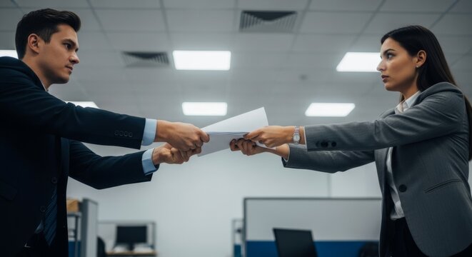 Business colleagues pulling document in office conflict