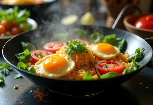 Dynamic Stir-Fry Scene with Richly Colored Vegetables and Scrambled Egg in a Sizzling Wok