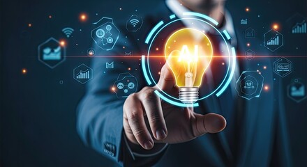 Obraz premium Bright idea a hand holding a glowing lightbulb with digital connections