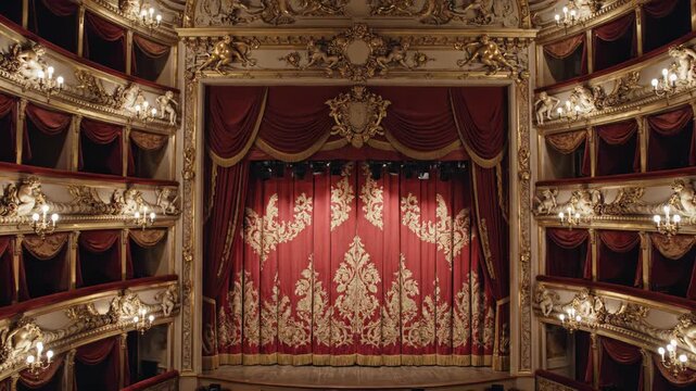Interior of a historic opera house with ornate gold decorations and red velvet curtains