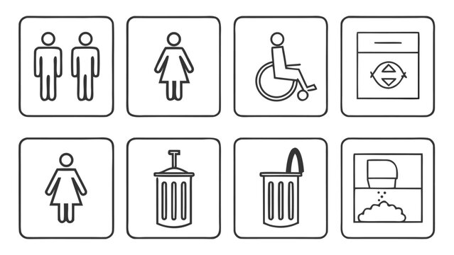 Public Restroom Icons Set, Toilet, Shower, Wheelchair, Baby, Trash Symbols Vector