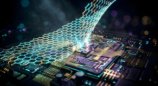 Futuristic 3D Macro Render of a Glowing Graphene Sheet Intersecting a Microscopic Processor