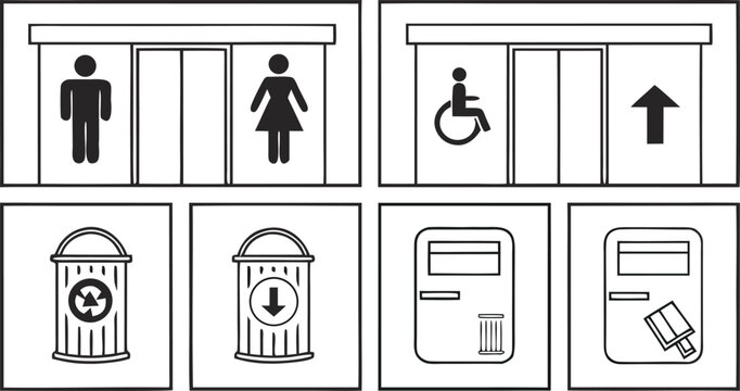 Public Restroom Icons Set, Toilet, Shower, Wheelchair, Baby, Trash Symbols Vector