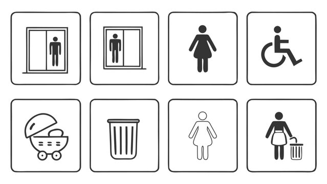 Public Restroom Icons Set, Toilet, Shower, Wheelchair, Baby, Trash Symbols Vector