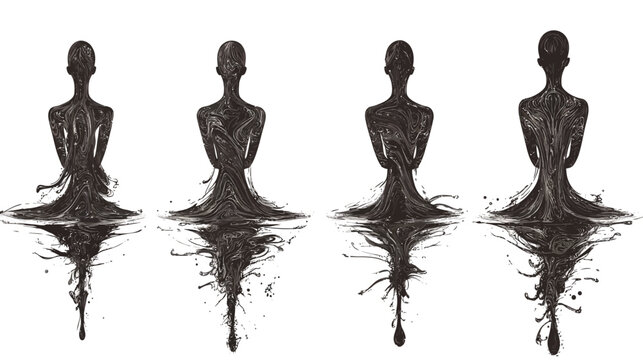 Four stylized figures with bodies of swirling ink, resembling ballet dancers or meditative forms, reflecting