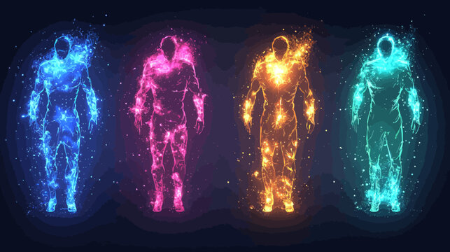 Artistic depiction of four human forms composed of light particles with glowing colors