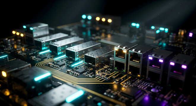 Macro 3D Render of Enterprise Network Switch Backplane with Glowing Ethernet Ports