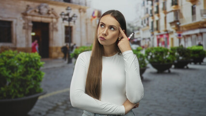 Fototapeta premium Woman holding a vaporizer to her mouth with folded arm on a cobblestone city street in front of planters and historic buildings; pensive solitude.
