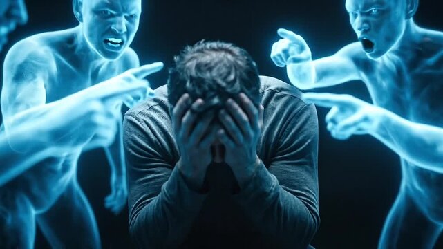 A man is isolated, distressed, and surrounded by shadowy figures that are pointing fingers at him, highlighting feelings of blame and criticism.