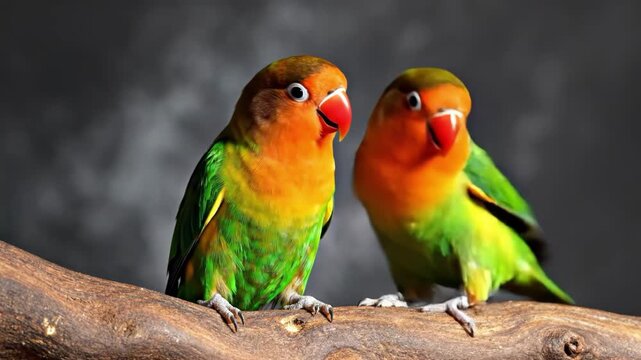 Two lovebirds perched on a branch facing each other