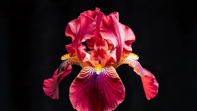 Closeup of a vibrant red iris flower with a black background.