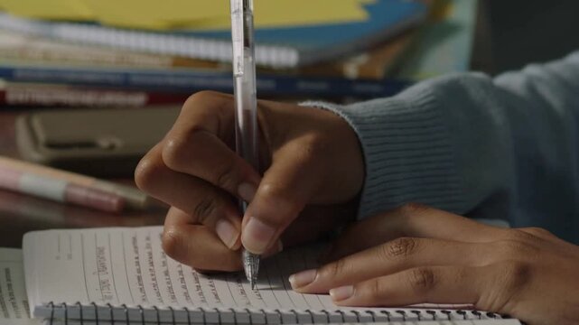 Close up shot of hands writing in a paper notebook with a pen, person taking notes or journaling thoughts on a diary page, creative planning and education concept in high quality cinematic 4k.