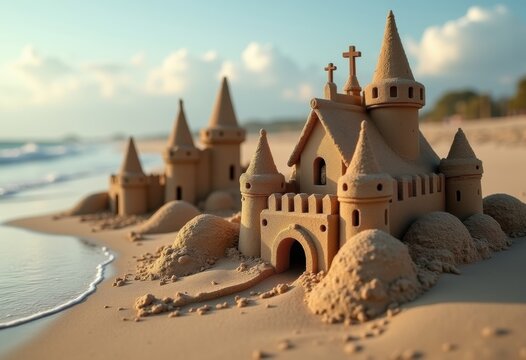 Elaborate Sandcastle Oasis Mesmerizing Beach Structures Surrounded by Expansive Sea Shore