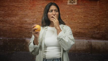 Fototapeta premium Woman holding an orange and covering her mouth with her hand while standing against a brick building wall on a street, looking uneasy; concern hesitation.