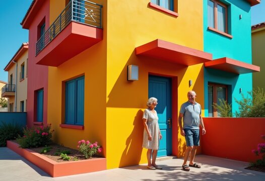 Energetic Palette with Bold Hues on Residential Facade Under Bright Sunlight