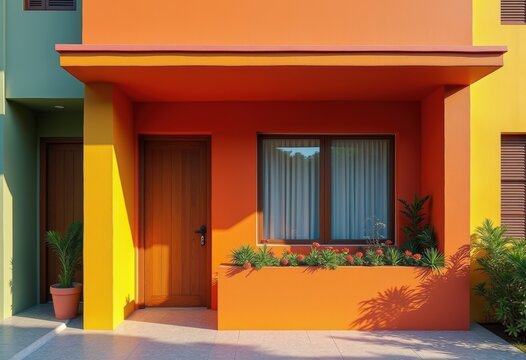 Energetic Palette with Bold Hues on Residential Facade Under Bright Sunlight