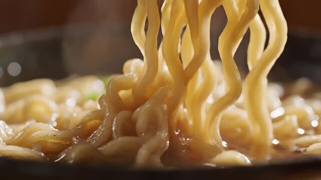 Closeup of Delicious Ramen Noodles Being Lifted with Chopsticks.