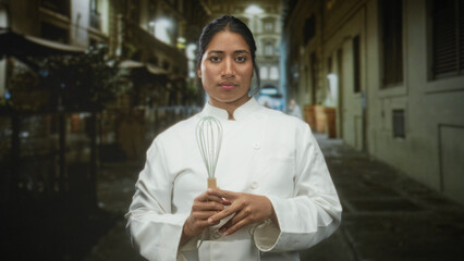 Obraz premium Hispanic woman chef holding whisk with hands, steady gaze in narrow street at night; quiet confidence.