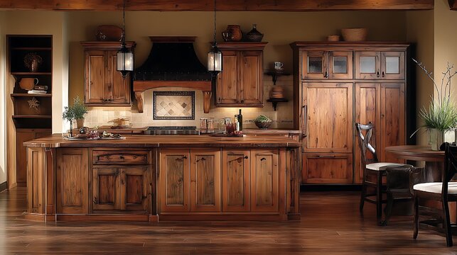 Beautiful spacious rustic kitchen interior featuring custom wooden cabinetry, a large central island, modern appliances, and stylish lighting creating a warm inviting atmosphere for cooking and entert