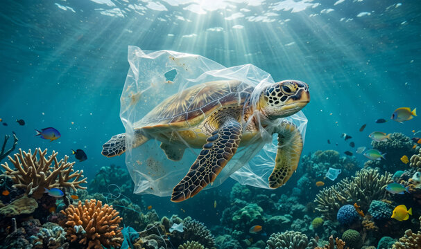 Turtle in plastic bag in ocean. Platic pollution problem. World oceans day concept. Environment concept.
