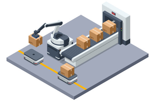 An isometric illustration of a smart conveyor belt system. A robotic arm sorts boxes from a mobile robot to the conveyor, or from the conveyor, representing modern factory automation.