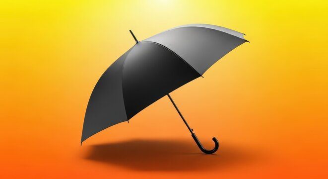 An elegant, isolated black umbrella open against a simple background, symbolizing protection, shelter, and readiness for unpredictable weather conditions, handle, canopy, wetness
