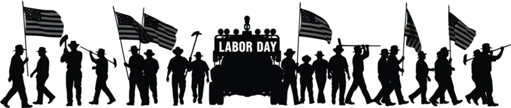 Labor Day Parade Silhouette Vector Illustration Featuring Workers Carrying American Flags and Industrial Tools on White Background