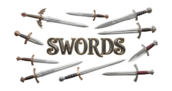 Collection of medieval fantasy swords with decorative hilts and steel blades isolated on white background with 3D text