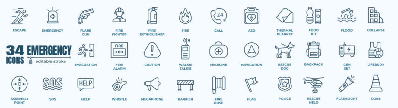 Emergency icon set. Vector illustration in thin line style of warning icons: caution, natural disasters, sos, rescue services, and help signals.