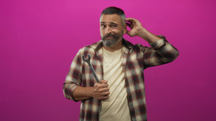Obraz premium Man middle aged hispanic mechanic with grey hair and beard holding wrench and hand to head in magenta studio; confusion resilience.