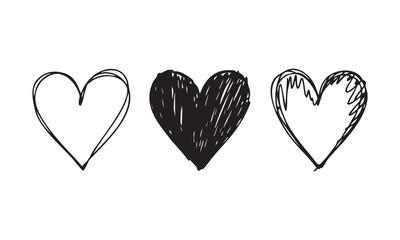 Three simple hand drawn hearts in black ink on white background vector. © Mohammad