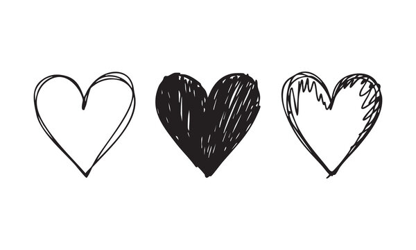 Three simple hand drawn hearts in black ink on white background vector.
