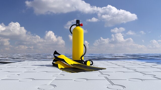scuba tank and fins placed on a floating pontoon - 3D rendering