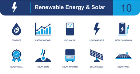 Renewable energy icon set. Containing eco drop, fuel gauge, lightning bolt, mobile charger, quality seal, solar inverter, solar panel, chart, solar dome and more. Solid fill vector icons. © Fifty Icons