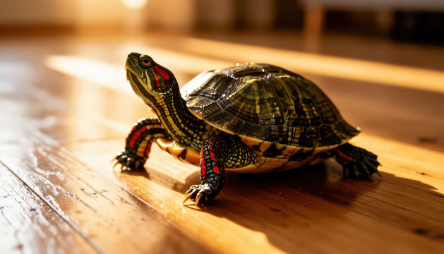 A turtle moves slowly across a wooden floor. The turtle is colorful, with intricate patterns on its shell reflecting the warm light from the room.