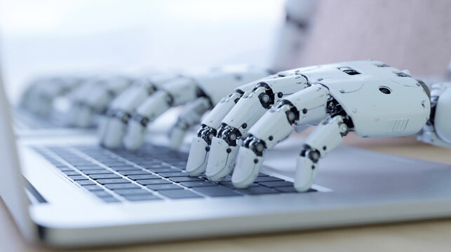 Robot hand typing on laptop keyboard close up